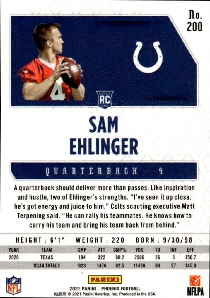 2021 Panini Phoenix Sam Ehlinger #200 football trading card back