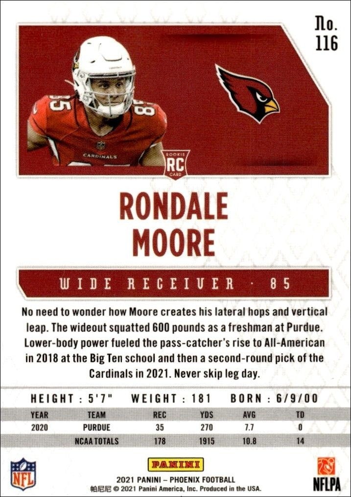 2021 Panini Phoenix Rondale Moore #116 football trading card back