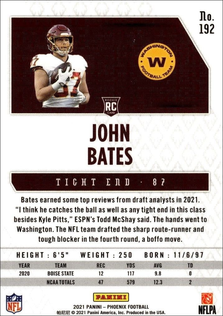 2021 Panini Phoenix John Bates #192 football trading card back