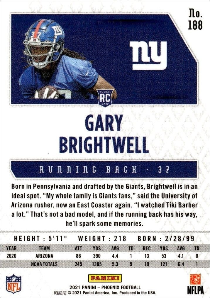 2021 Panini Phoenix Gary Brightwell #188 football trading card back
