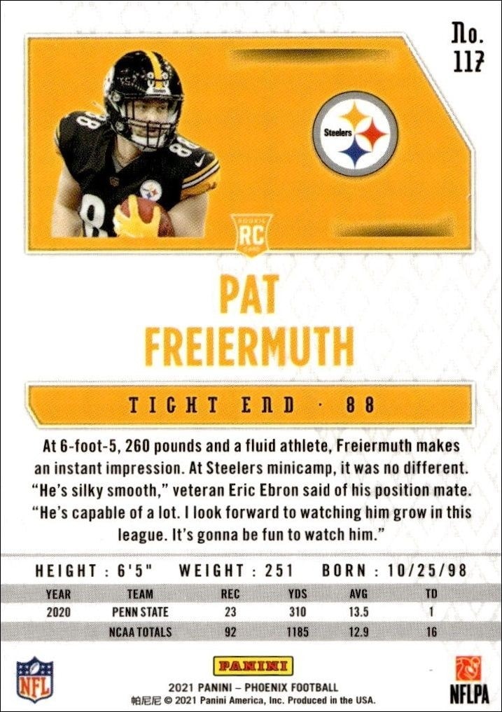 2021 Panini Phoenix Pat Freiermuth #117 football trading card back