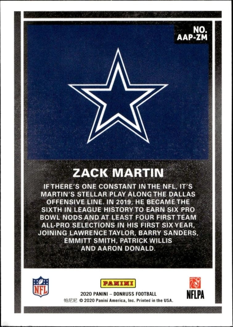 2020 Panini Donruss Zack Martin #AAP-ZM football trading card back
