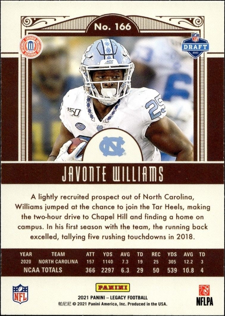 2021 Panini Legacy Javonte Williams #166 football trading card back