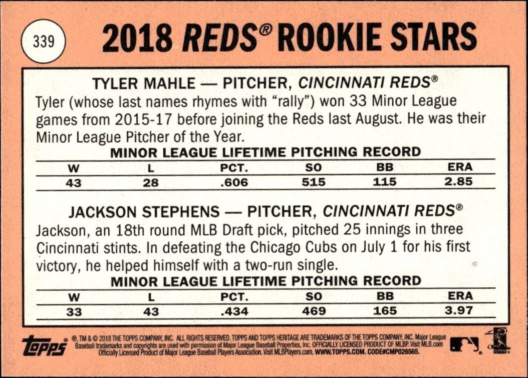 2018 Topps Heritage Tyler Mahle #339 baseball trading card back