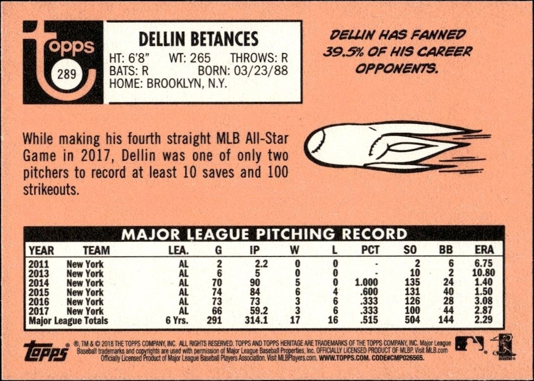 2018 Topps Heritage Dellin Betances #289 baseball trading card back