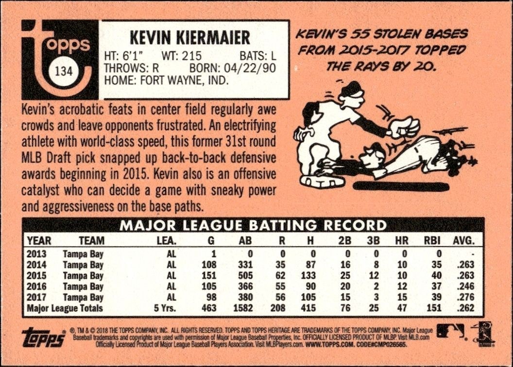 2018 Topps Heritage Kevin Kiermaier #134 baseball trading card back