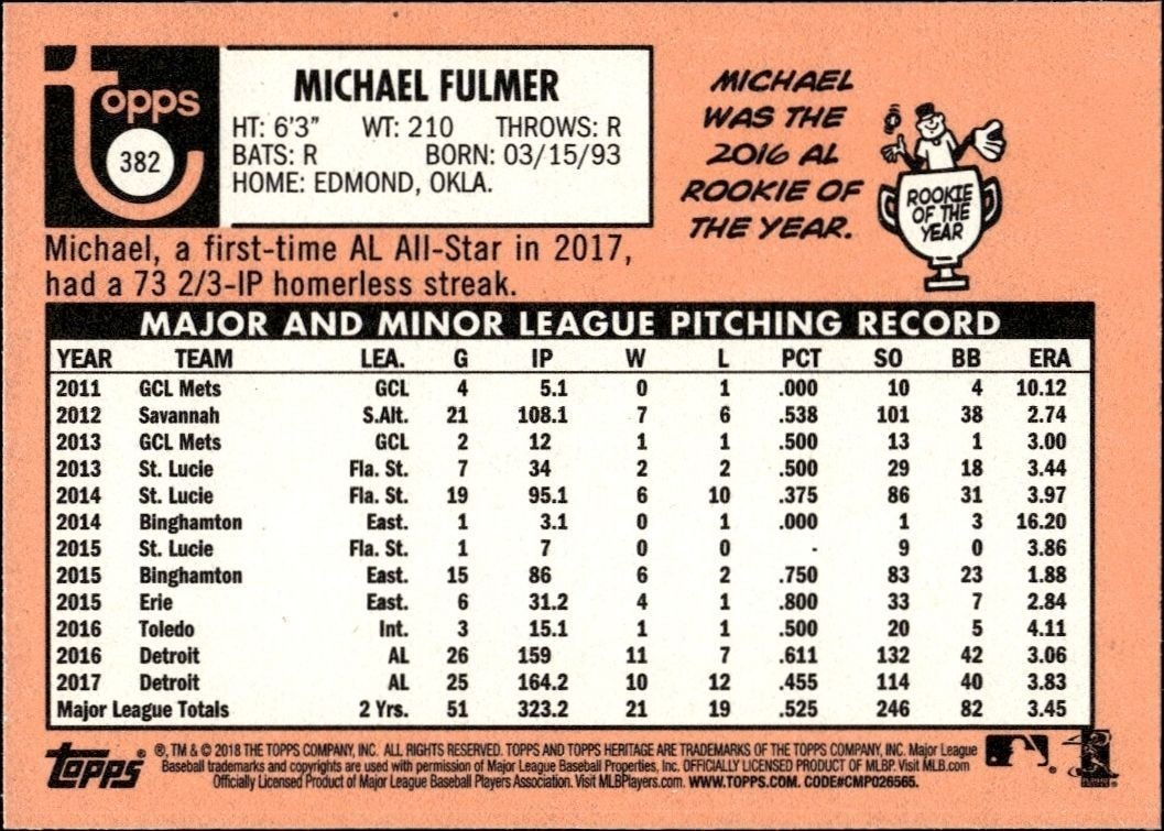 2018 Topps Heritage Michael Fulmer #382 baseball trading card back
