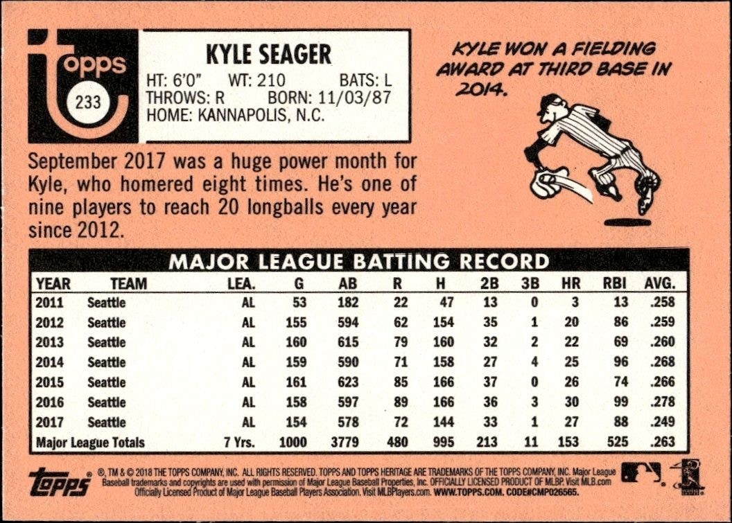 2018 Topps Heritage Kyle Seager #233 baseball trading card back