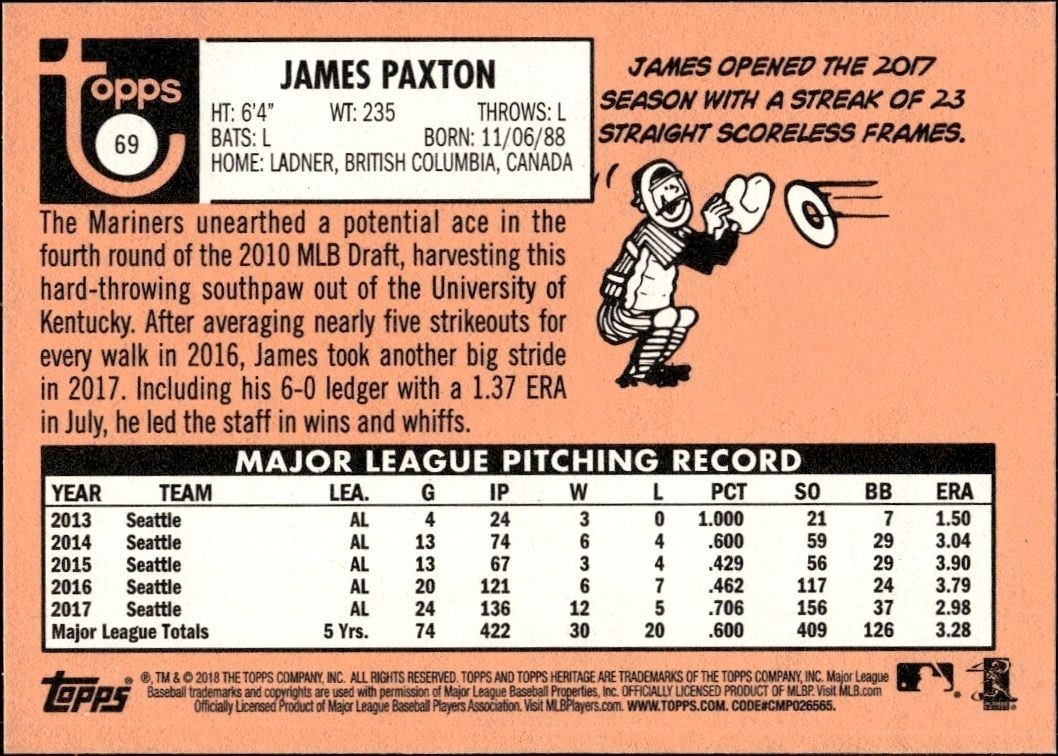 2018 Topps Heritage James Paxton #69 baseball trading card back