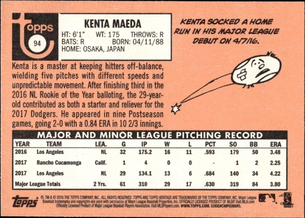 2018 Topps Heritage Kenta Maeda #94 baseball trading card back