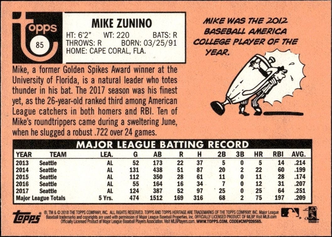 2018 Topps Heritage Mike Zunino #85 baseball trading card back