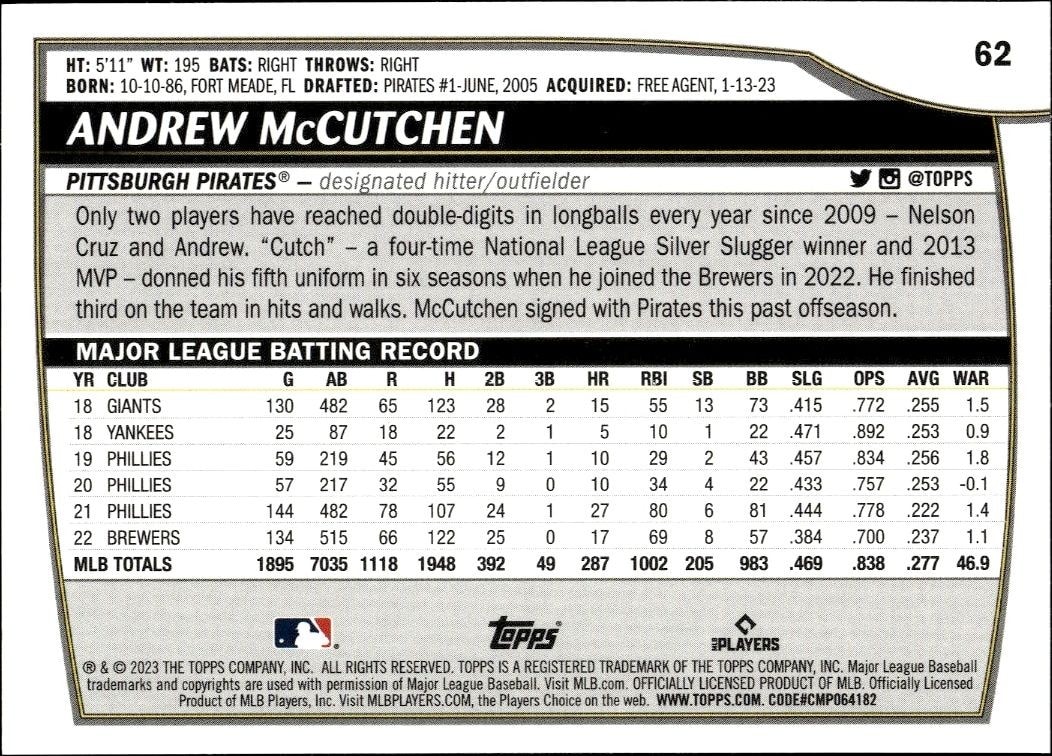 2023 Topps Big League Andrew McCutchen #62 baseball trading card back