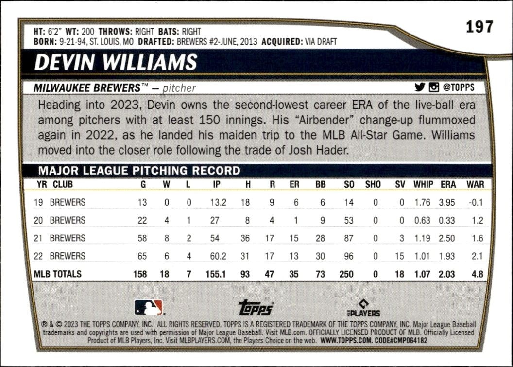 2023 Topps Big League Devin Williams #197 baseball trading card back