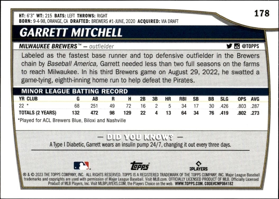 2023 Topps Big League Garrett Mitchell #178 baseball trading card back