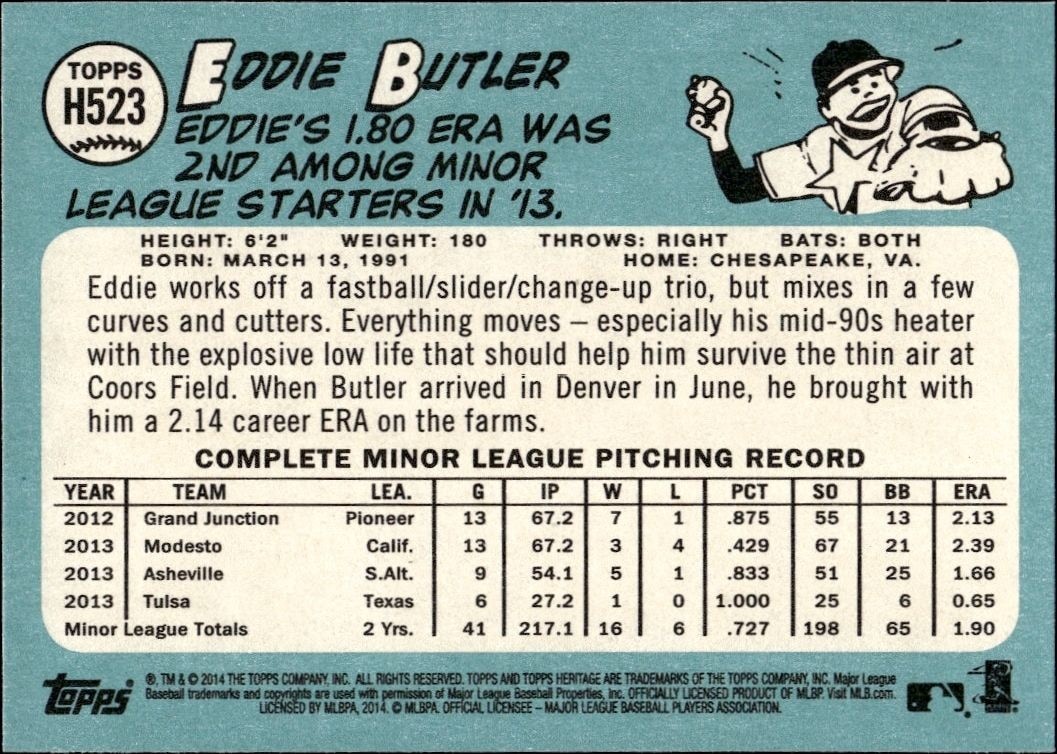 2014 Topps Heritage High Number Eddie Butler #H523 baseball trading card back