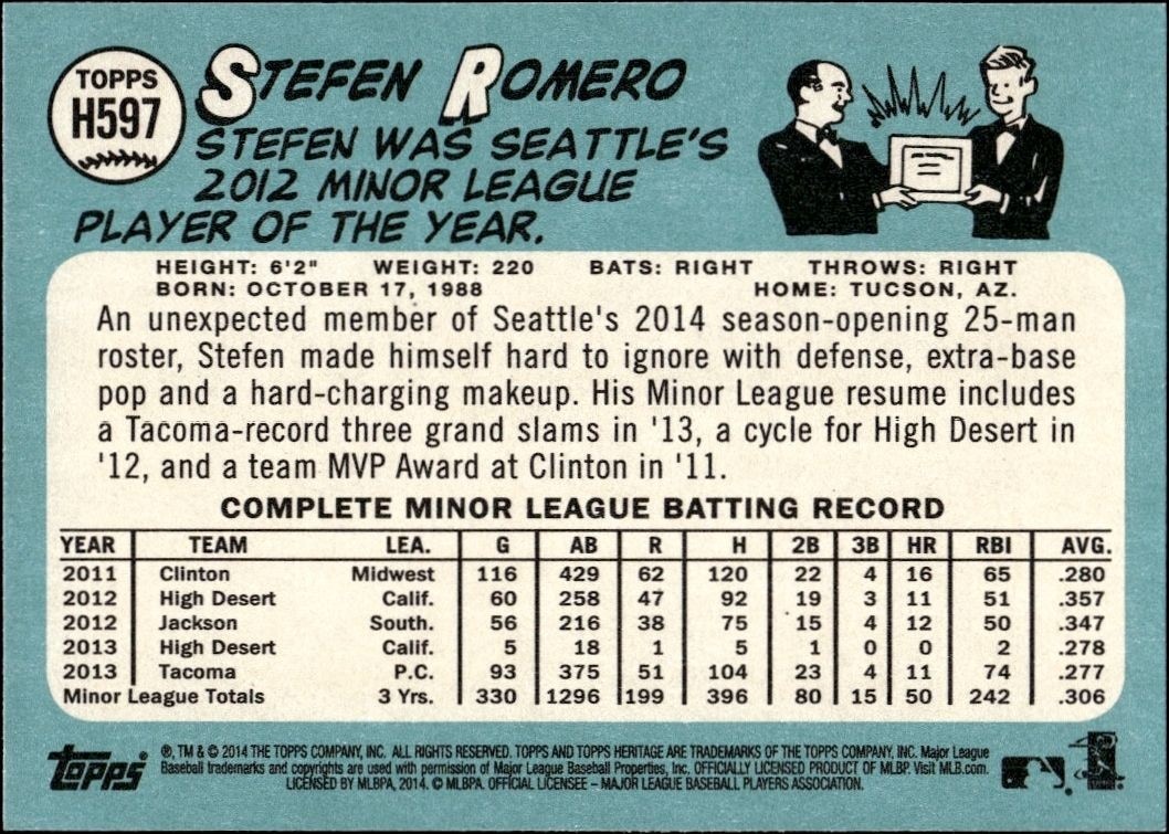 2014 Topps Heritage High Number Stefen Romero #H597 baseball trading card back