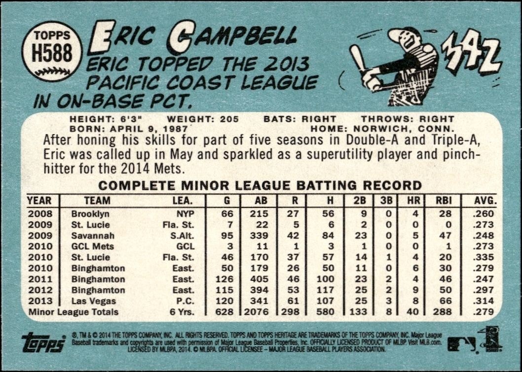 2014 Topps Heritage High Number Eric Campbell #H588 baseball trading card back