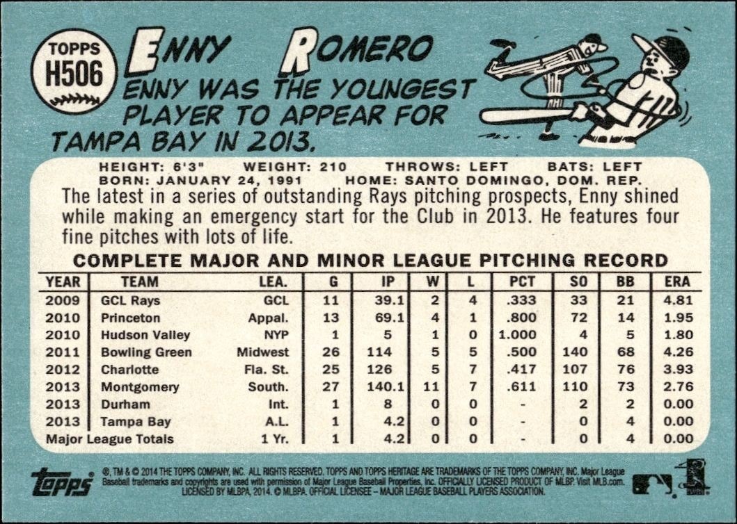 2014 Topps Heritage High Number Enny Romero #H506 baseball trading card back