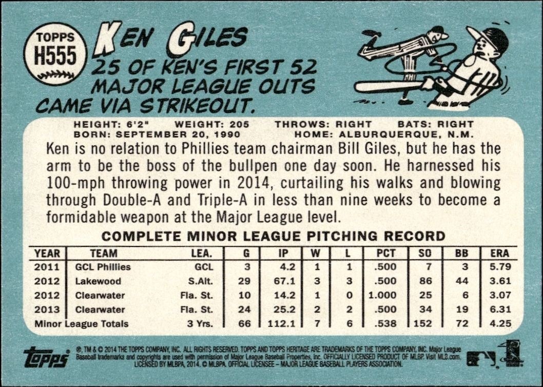 2014 Topps Heritage High Number Kenny Giles #H555 baseball trading card back
