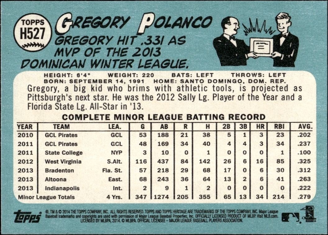 2014 Topps Heritage High Number Gregory Polanco #H527 baseball trading card back