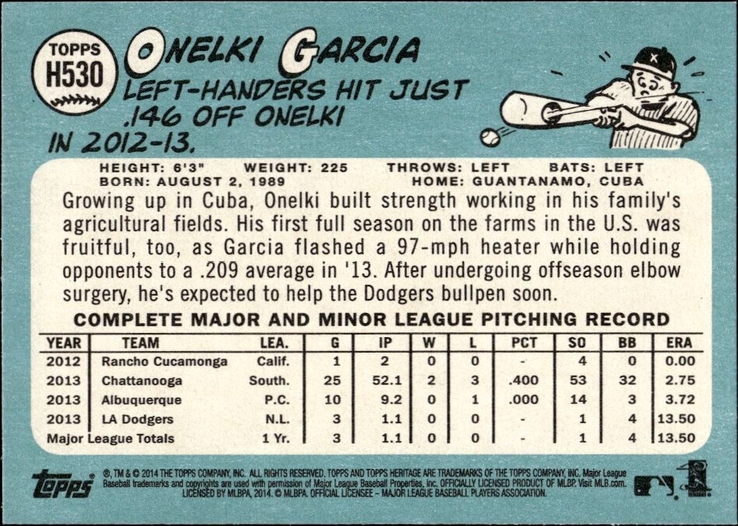 2014 Topps Heritage High Number Onelki Garcia #H530 baseball trading card back
