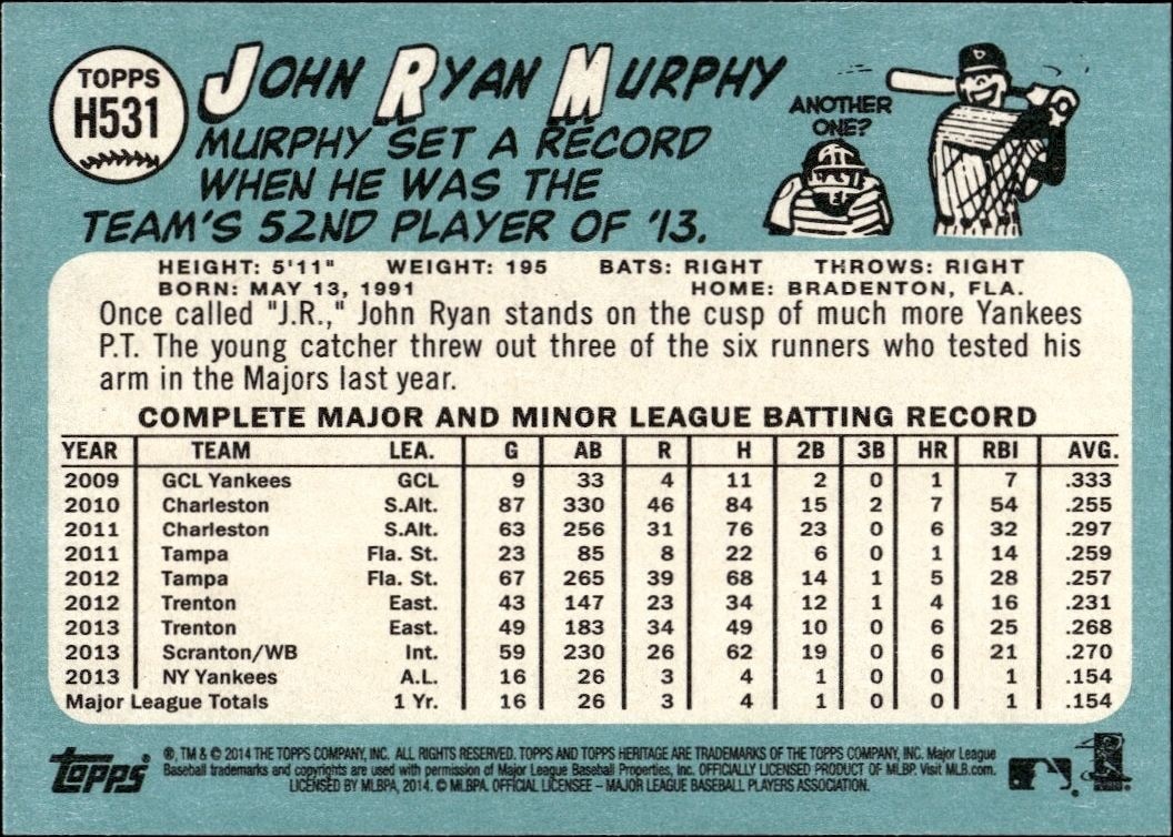 2014 Topps Heritage High Number John Ryan Murphy #H531 baseball trading card back