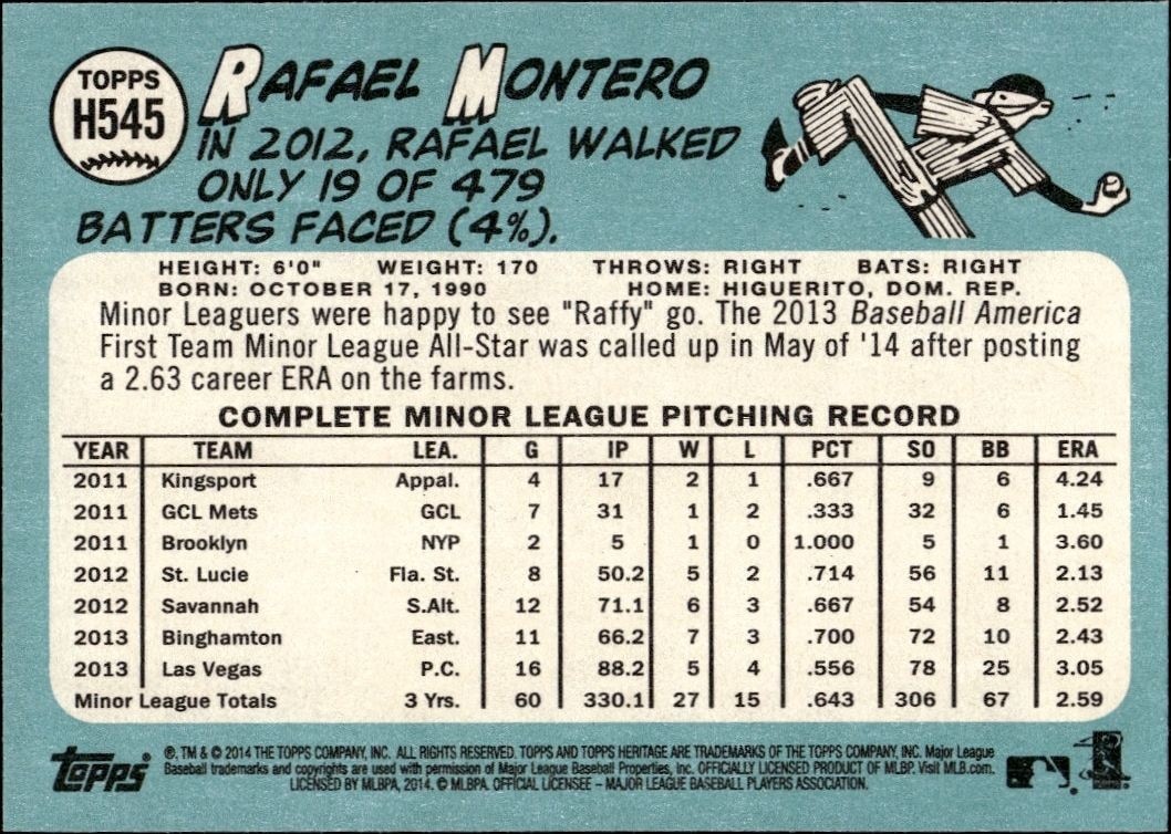 2014 Topps Heritage High Number Rafael Montero #H545 baseball trading card back