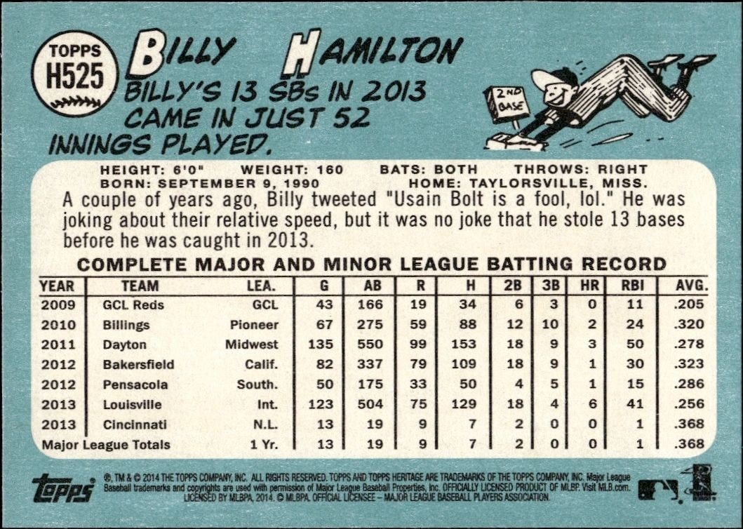 2014 Topps Heritage High Number Billy Hamilton #H525 baseball trading card back