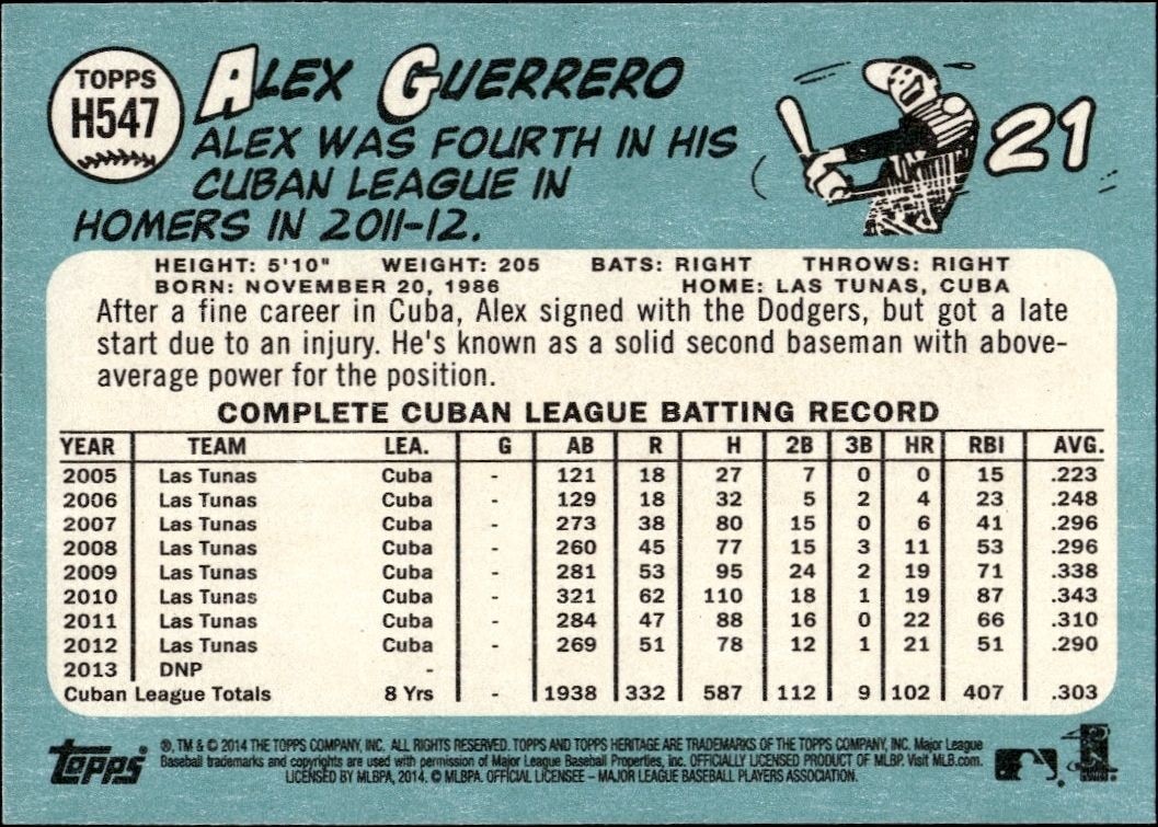 2014 Topps Heritage High Number Alex Guerrero #H547 baseball trading card back