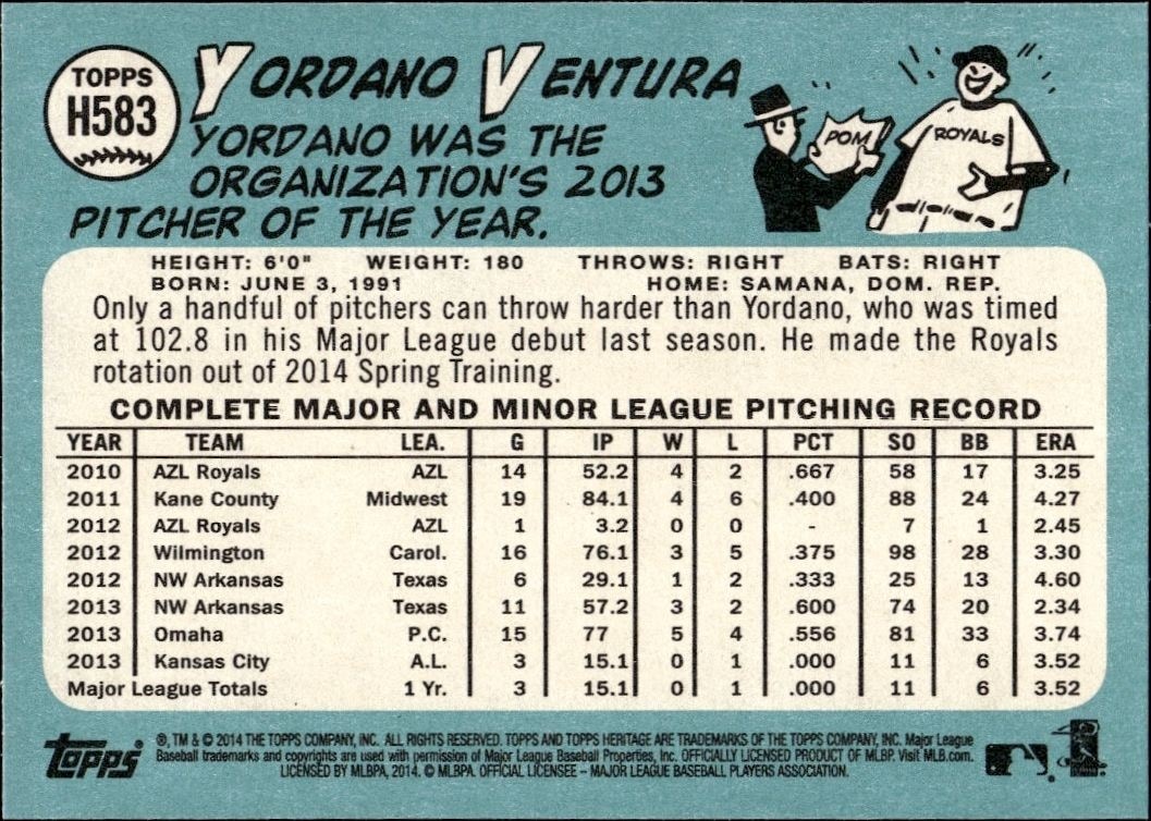 2014 Topps Heritage High Number Yordano Ventura #H583 baseball trading card back