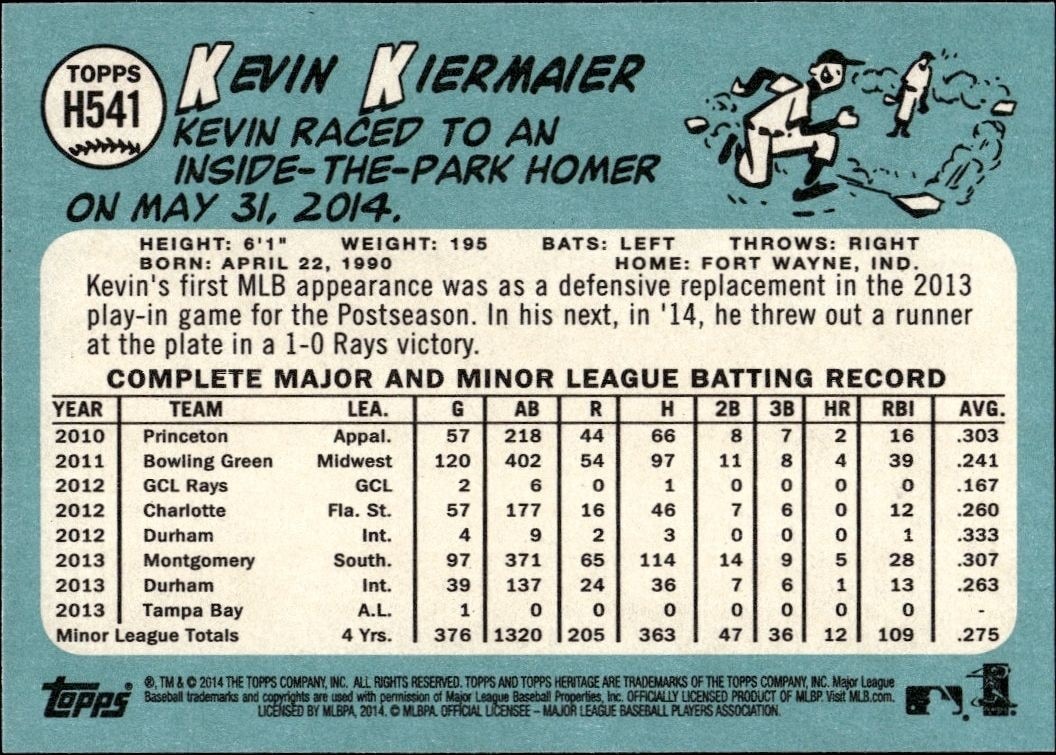 2014 Topps Heritage High Number Kevin Kiermaier #H541 baseball trading card back