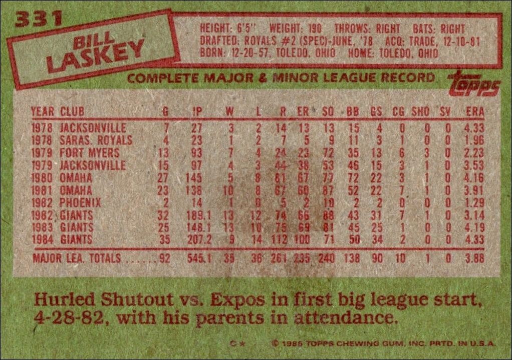 1985 Topps Bill Laskey #331 baseball trading card back