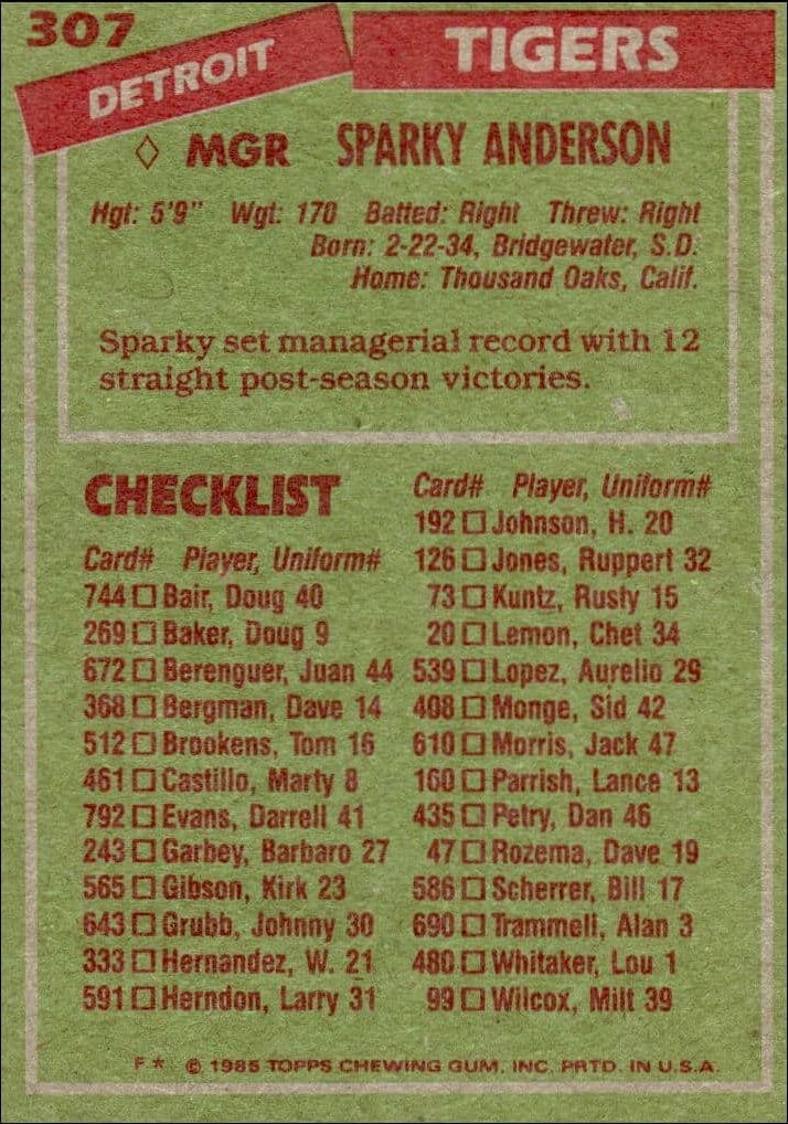 1985 Topps Sparky Anderson #307 baseball trading card back