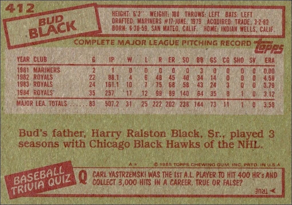 1985 Topps Bud Black #412 baseball trading card back