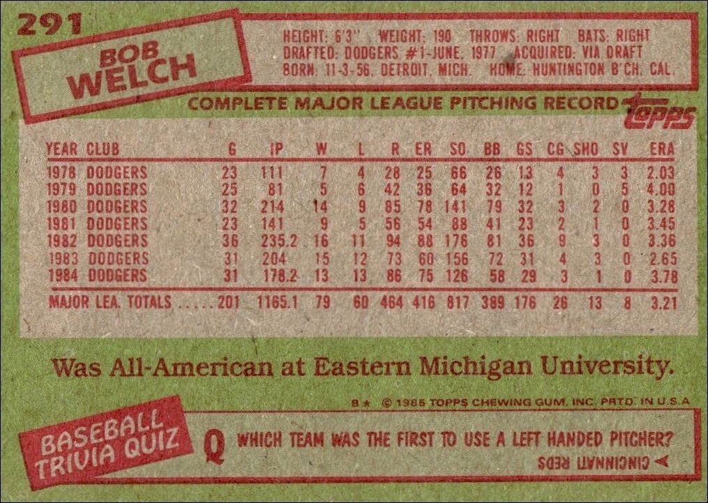 1985 Topps Bob Welch #291 baseball trading card back
