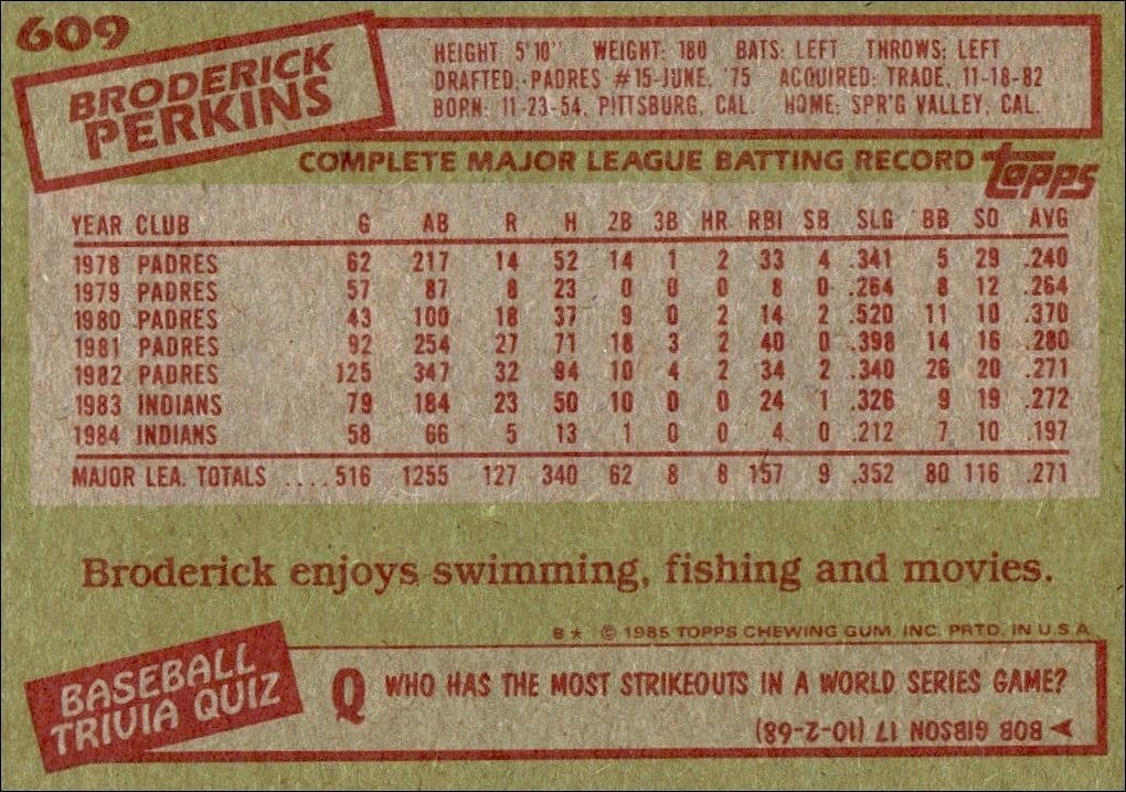 1985 Topps Broderick Perkins #609 baseball trading card back