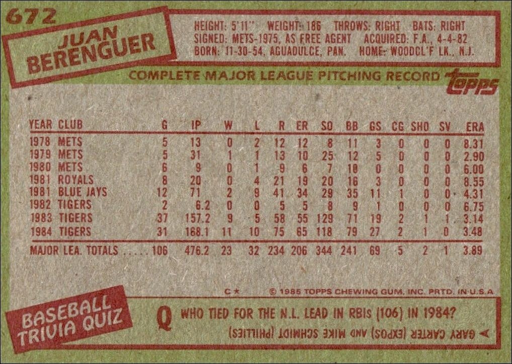 1985 Topps Juan Berenguer #672 baseball trading card back