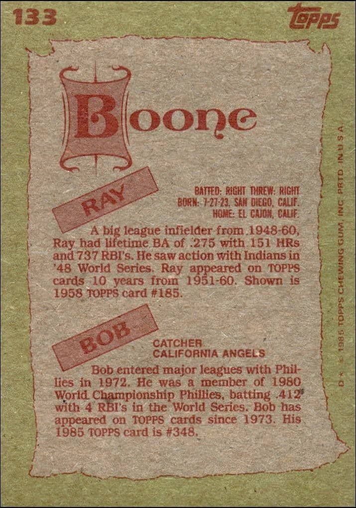 1985 Topps Ray Boone #133 baseball trading card back