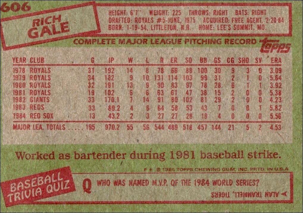 1985 Topps Rich Gale #606 baseball trading card back