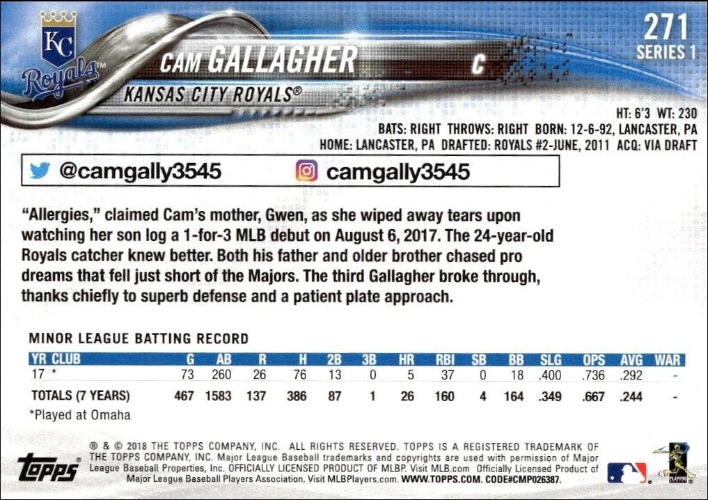 2018 Topps Cam Gallagher #271 baseball trading card back