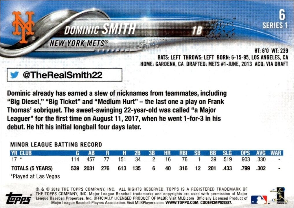 2018 Topps Dominic Smith #6 baseball trading card back