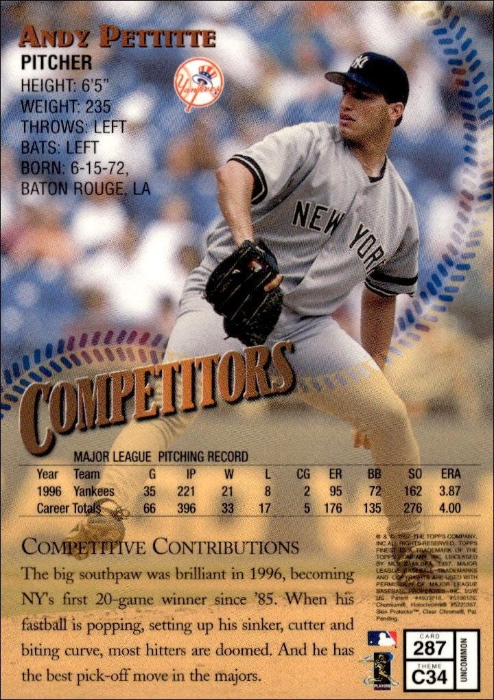 1997 Topps Finest Andy Pettitte #287 baseball trading card back