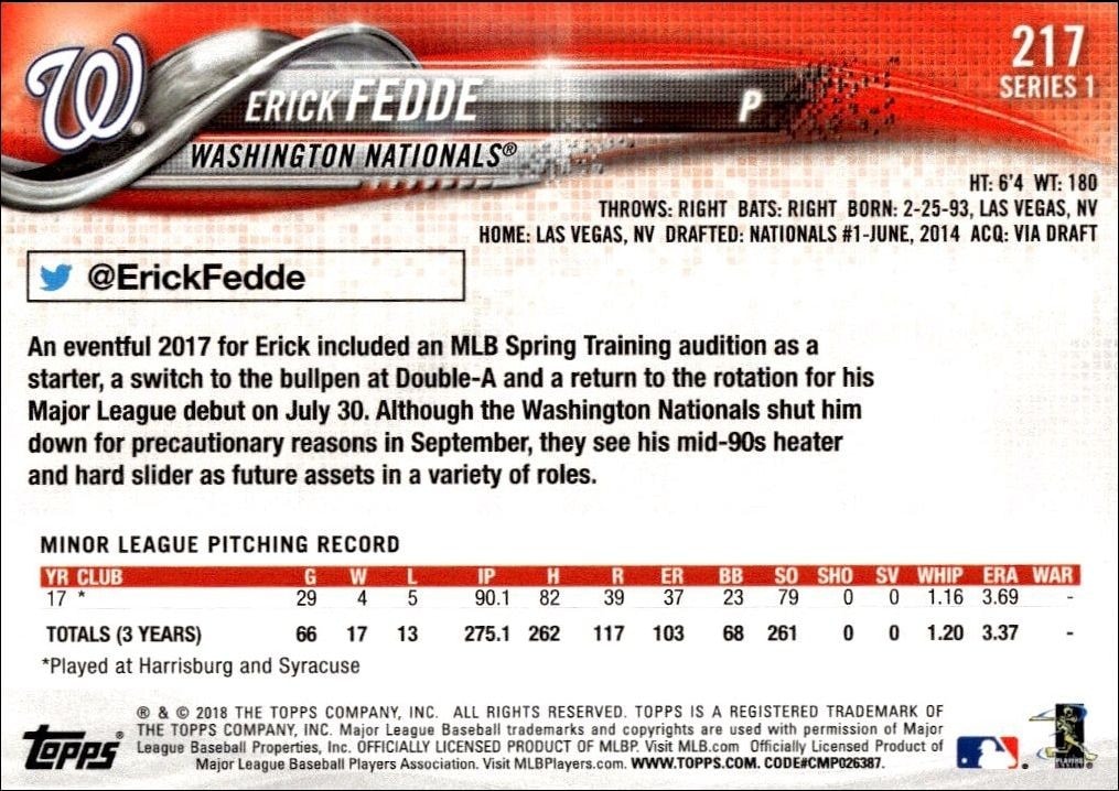 2018 Topps Erick Fedde #217 baseball trading card back