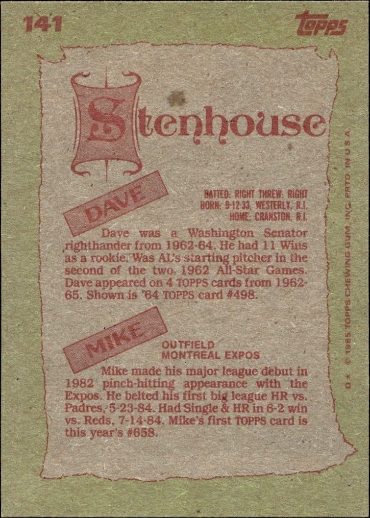 1985 Topps Dave Stenhouse #141 baseball trading card back