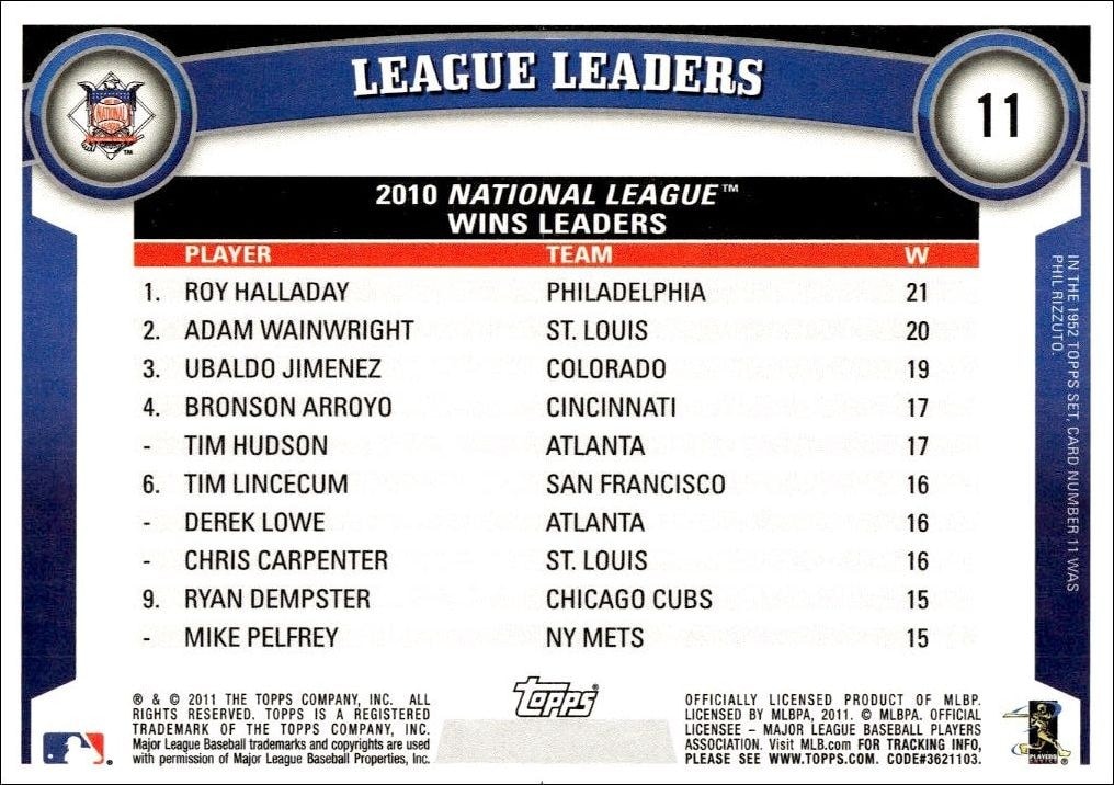 2011 Topps Roy Halladay #11 baseball trading card back