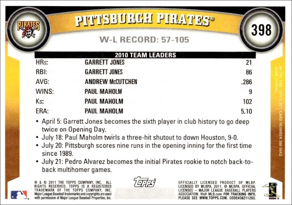 2011 Topps Series 2 Pittsburgh Pirates #398 baseball trading card back