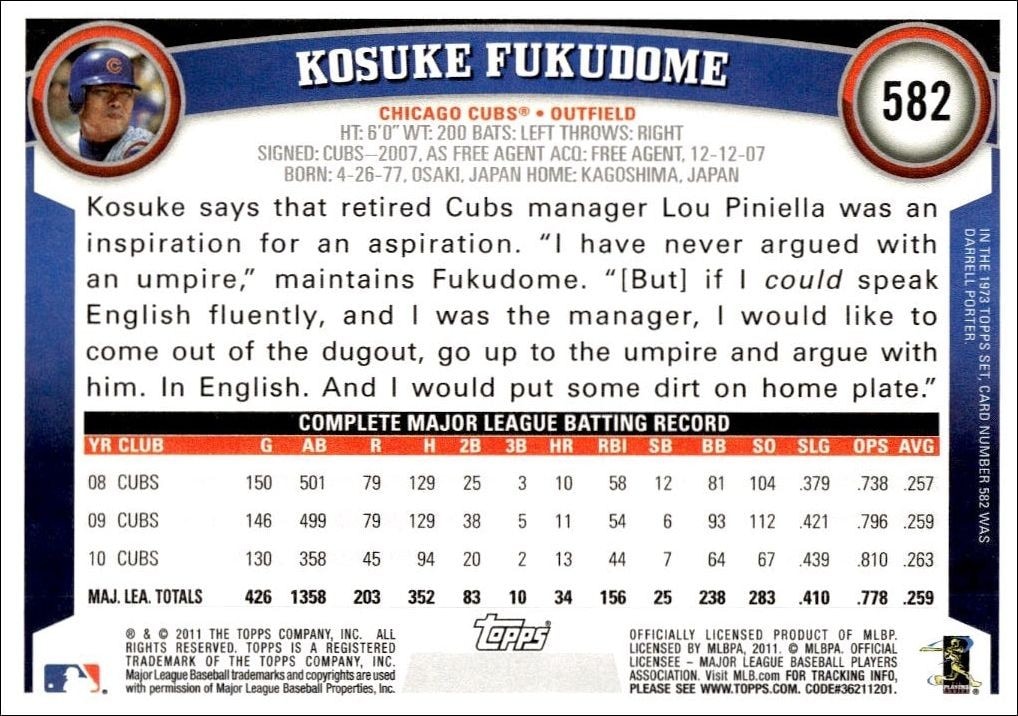 2011 Topps Series 2 Kosuke Fukudome #582 baseball trading card back