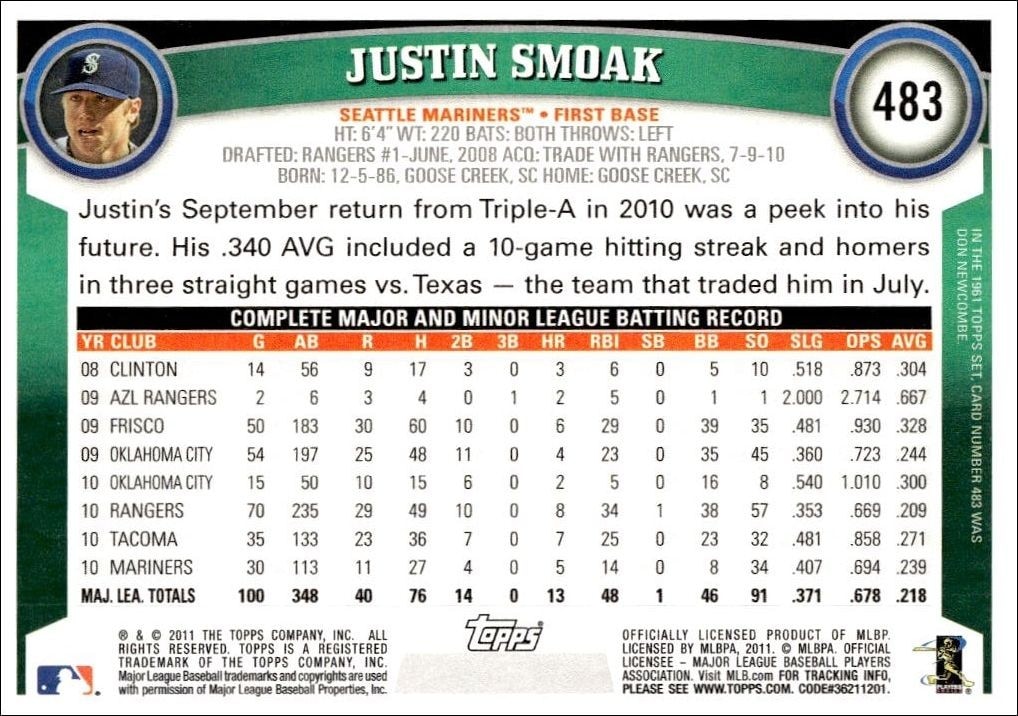 2011 Topps Series 2 Justin Smoak #483 baseball trading card back