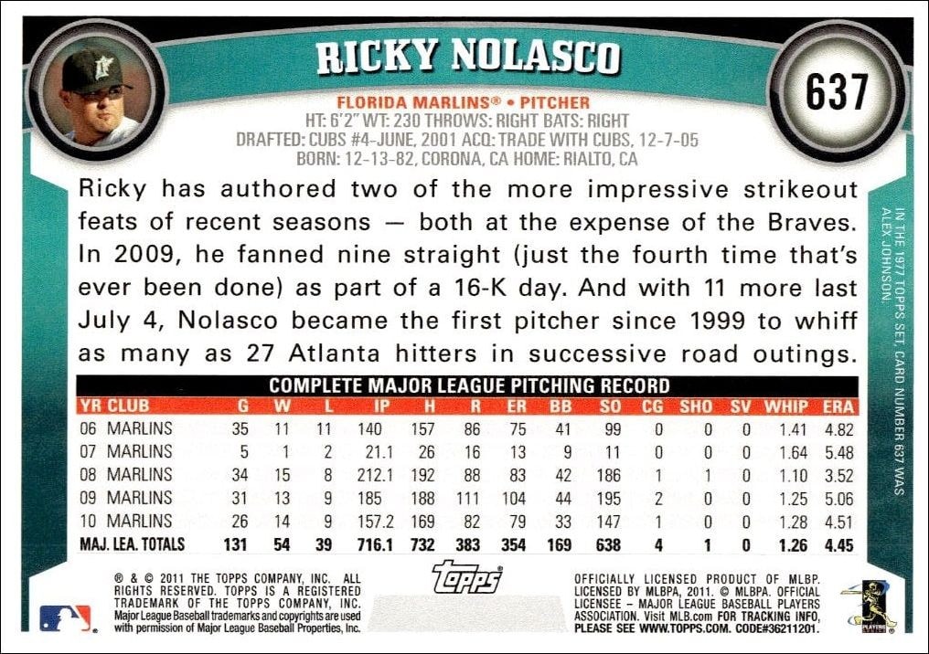 2011 Topps Series 2 Ricky Nolasco #637 baseball trading card back