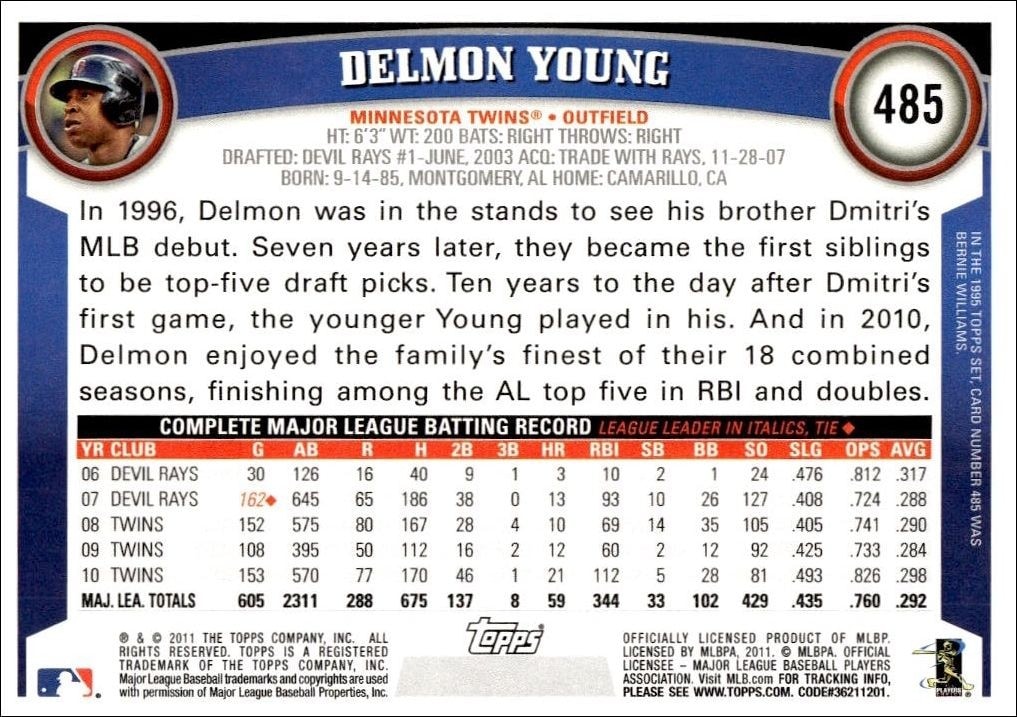 2011 Topps Series 2 Delmon Young #485 baseball trading card back